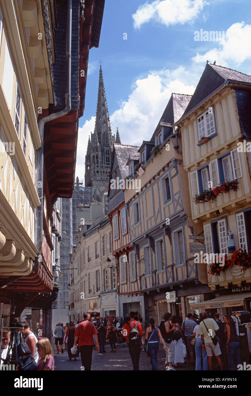 Rue Kéréon and view to cathedral, Old Quimper, Quimper, Cornouaille, Finistère, Brittany, France Stock Photo