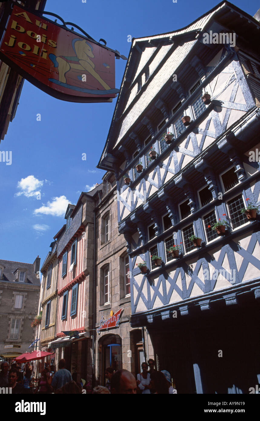 Medieval buildings in one of the shopping streets of Old Quimper, Brittany, France Stock Photo