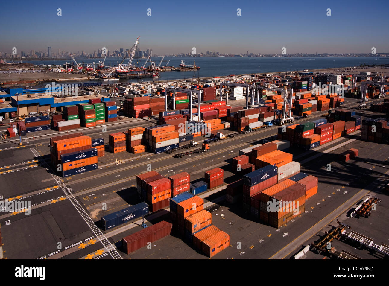 Thousands of maritime cargo containers are stacked for storage at a