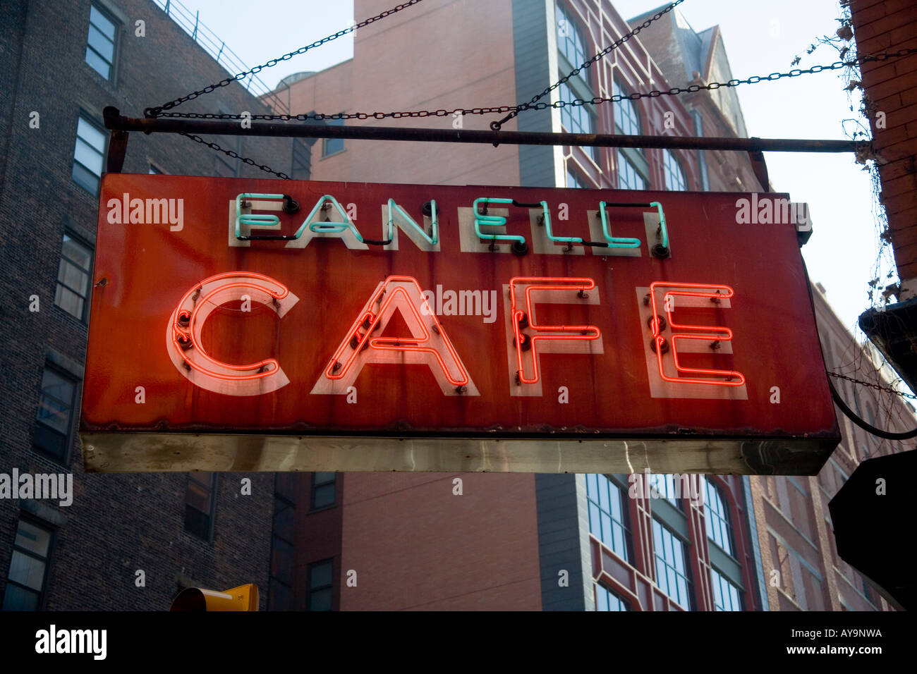 The neon sign of Fanelli Cafe at 94 Prince Street in the SoHo district South of Houston district in Manhattan New York City Stock Photo