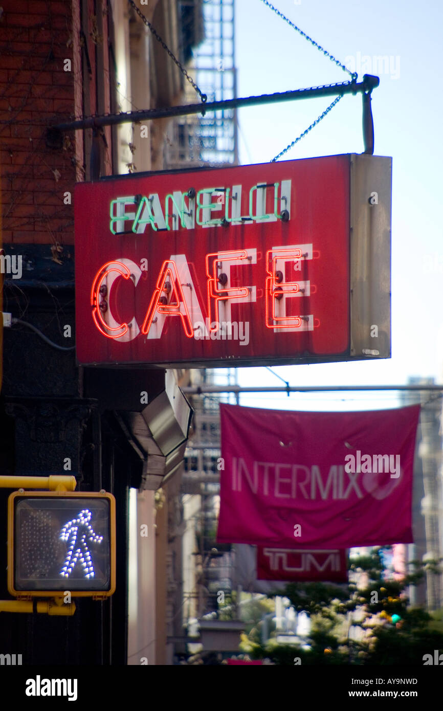 The neon sign of Fanelli Cafe at 94 Prince Street in the SoHo district South of Houston district in Manhattan New York City Stock Photo