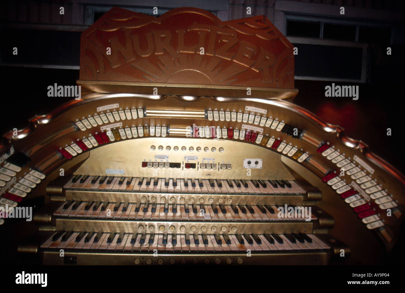 Console of 3 manual Wurlitzer theatre organ Stock Photo