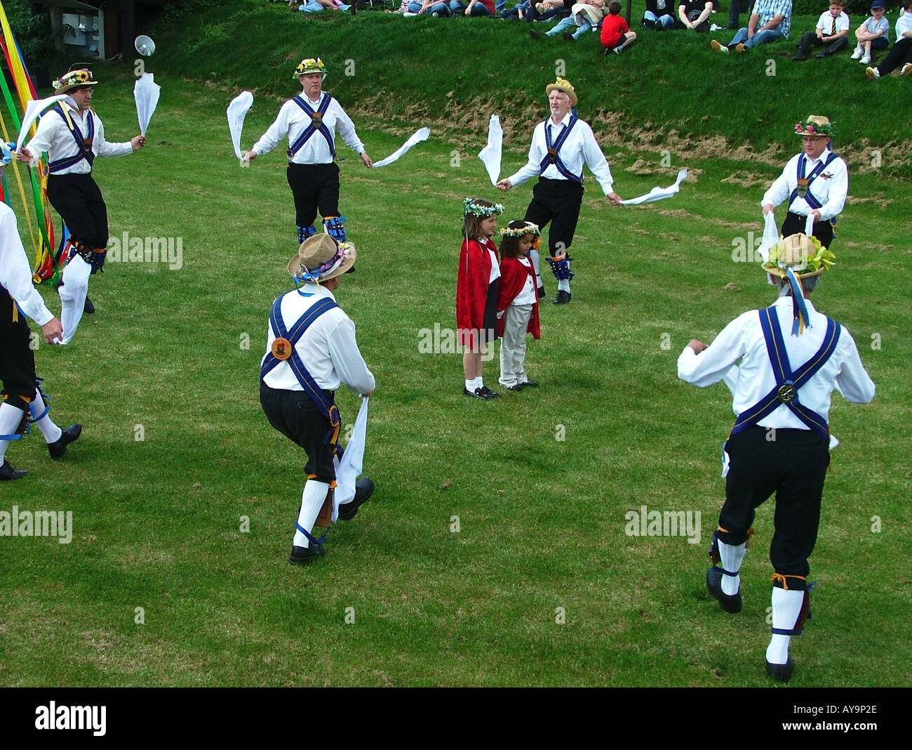 Morris Dancers with May Day Queen and Princess Stock Photo