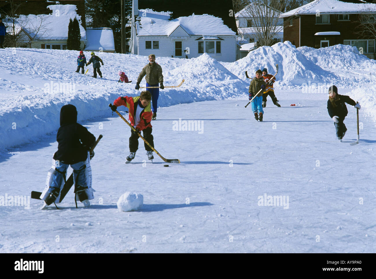 Friendly game of hockey on rink in local park Ottawa Ontario Canada Stock Photo