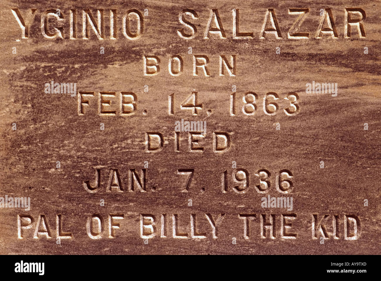 The unusual epitaph of Yginio Salazar, 'Pal of Billy the Kid', at the old cemetery in Lincoln, New  Mexico. Stock Photo