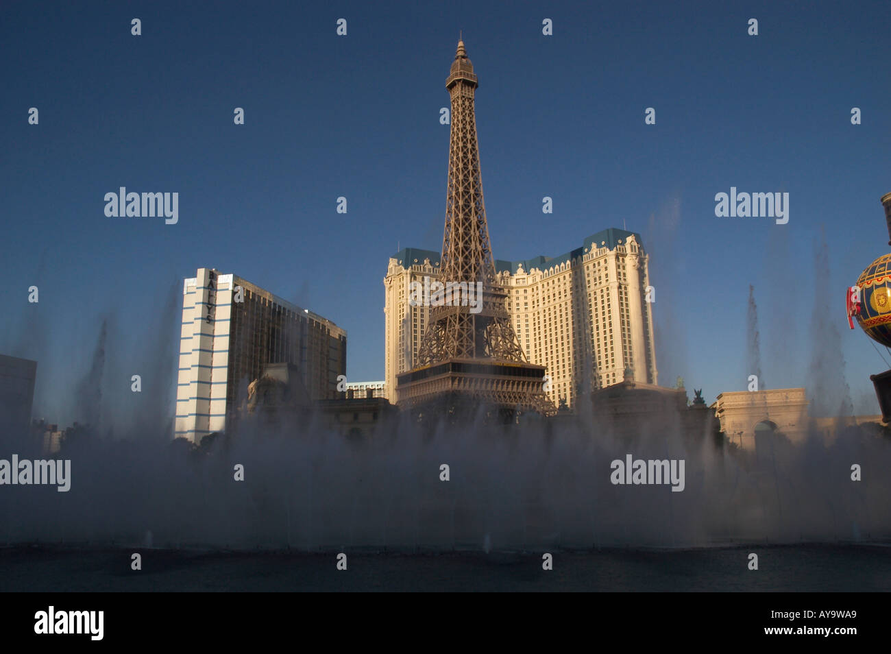 Paris Hotel with Bellagio fountains going off Las Vegas Stock Photo Alamy