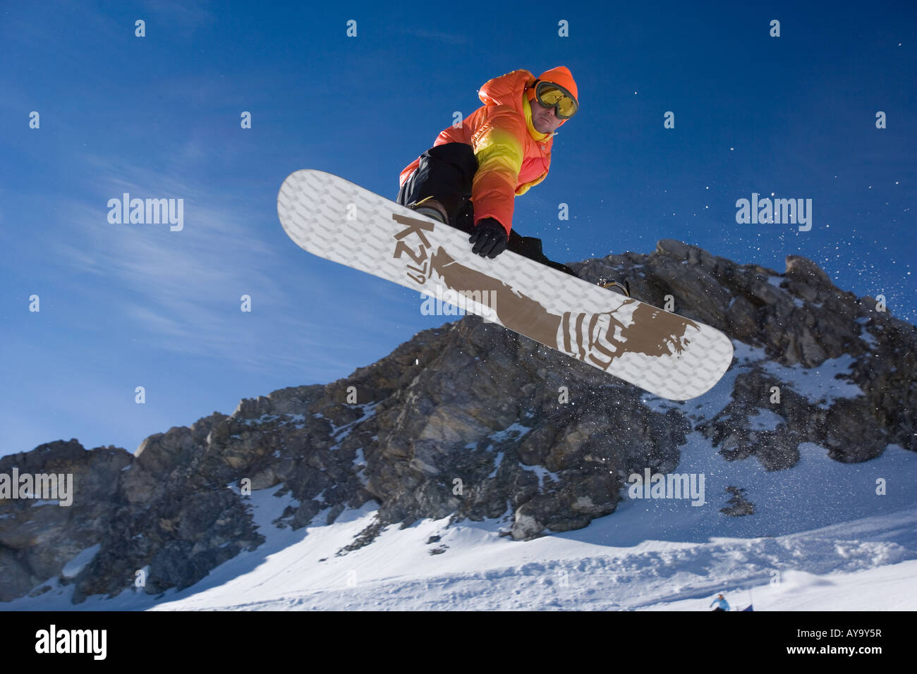 Snowboarder in mid air jump, Tignes, France Stock Photo