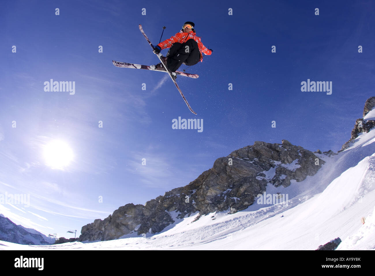 Skier in mid air, free jump, Tignes, France Stock Photo