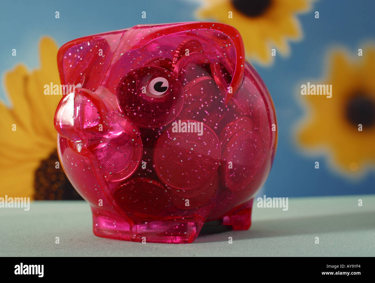 Euromuenzen in einem transparentem Sparschwein Stock Photo