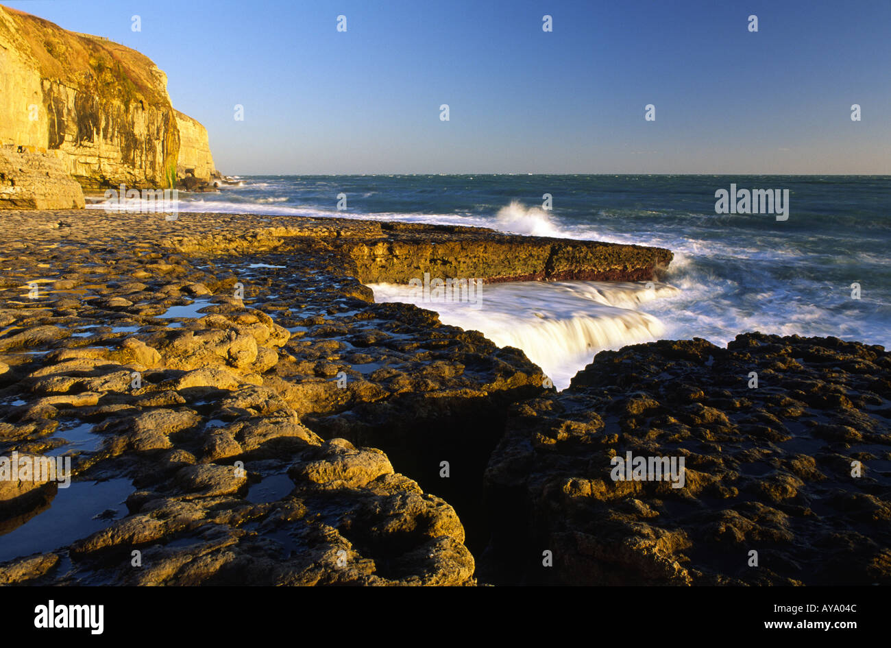 Stood On Dancing Ledge While the Winter Sun Sets in Dorset county England UK Stock Photo