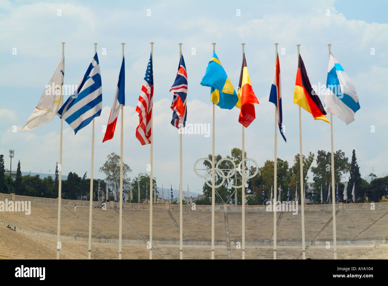 Greece Athens Olympic Stadium and Flags Stock Photo