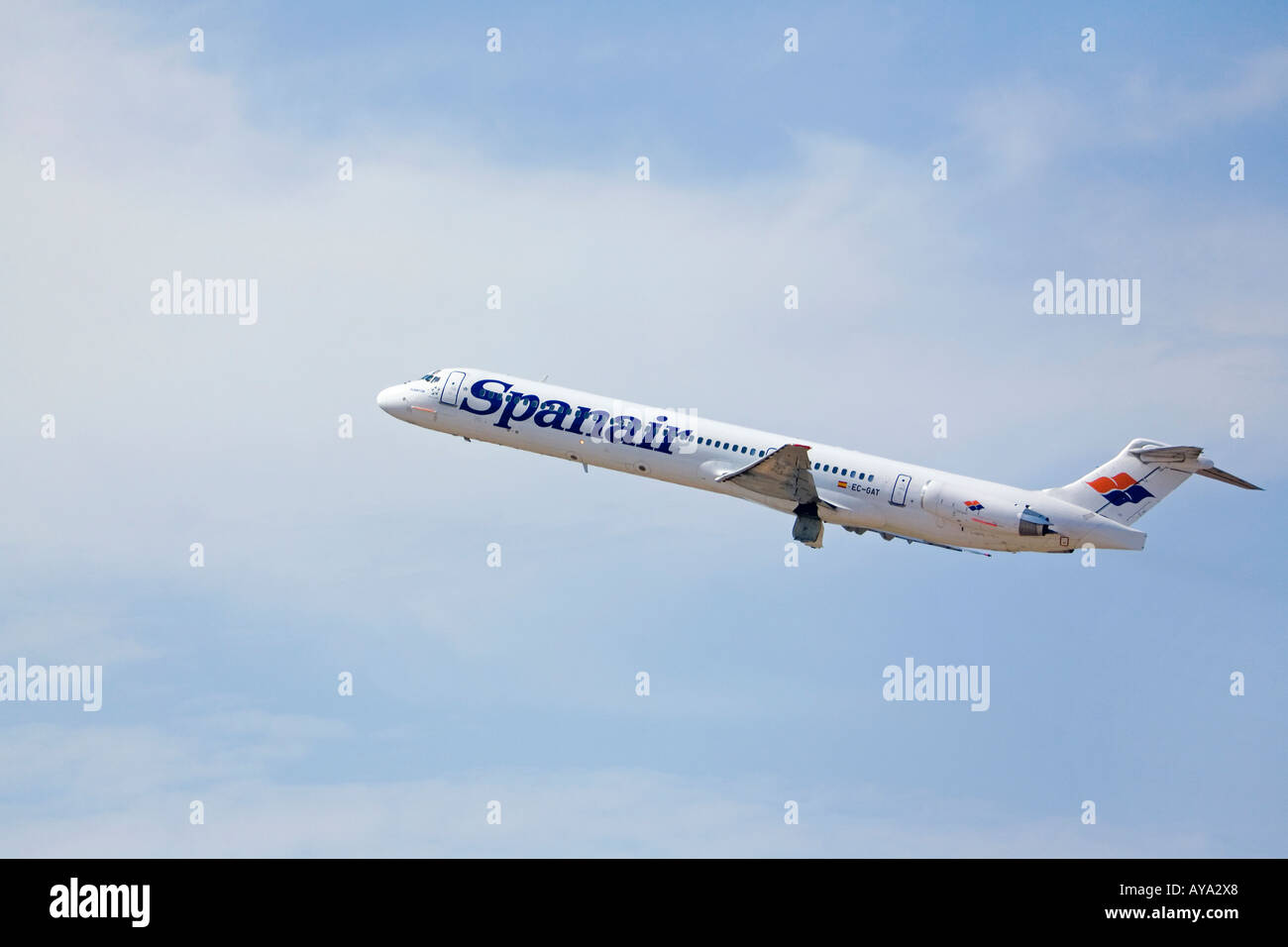 Aircraft of the Spanish airline Spanair taking off Stock Photo