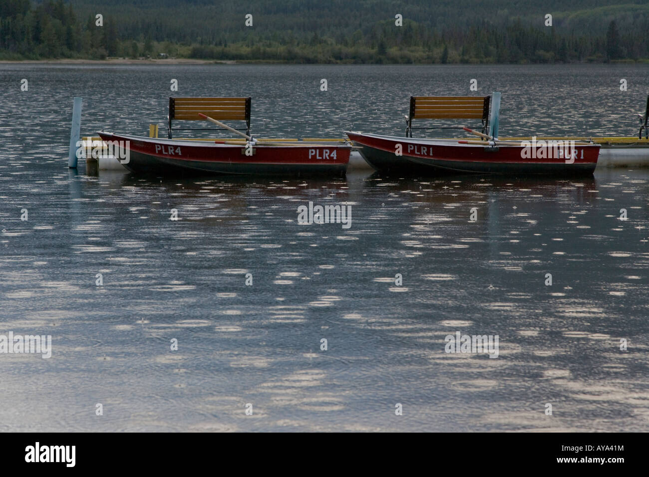 Gentle light and raindrops on lake leading upto moored boats and benches Stock Photo