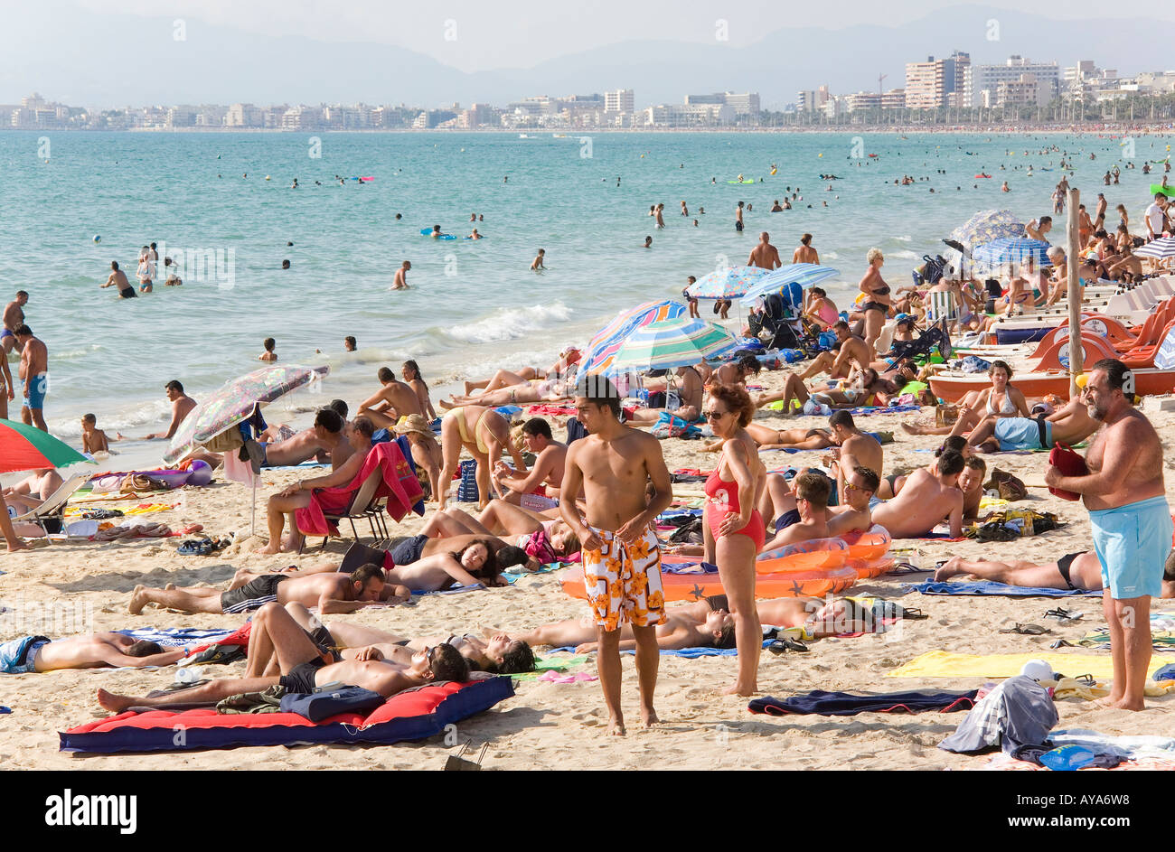 Big hustle on the Playa de Palma Beach, El Arenal, Majorca, Balearic Islands, Spain Stock Photo