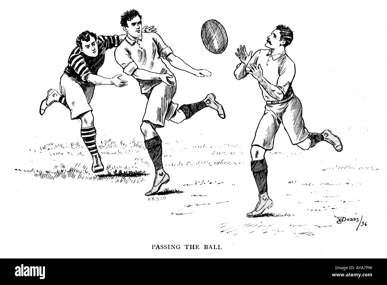 Passing The Ball 1896 illustration by Dodds of a game situation from the book by B Fletcher Robinson on rugby football Stock Photo