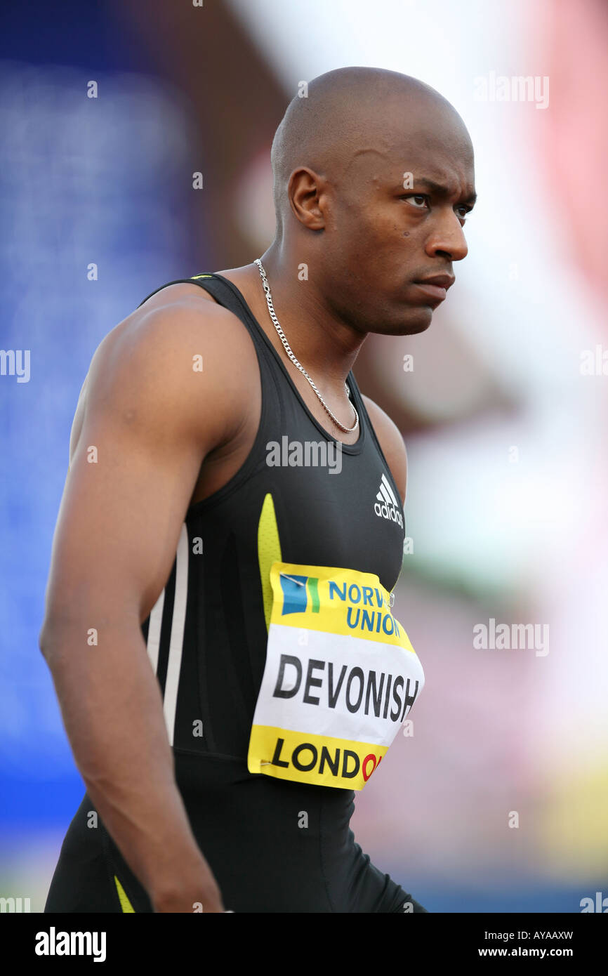 UK Olympic gold medal winning sprinter Marlon Devonish before 100m at Crystal Palace Grand Prix 3rd August 2007 Stock Photo