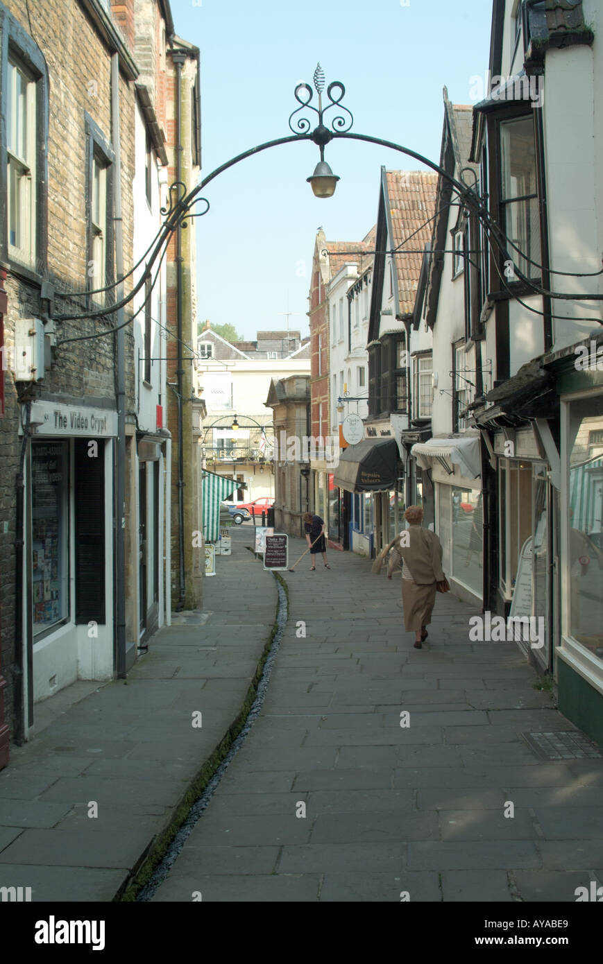 Frome Cheap Street with rill stream water channel running along ...