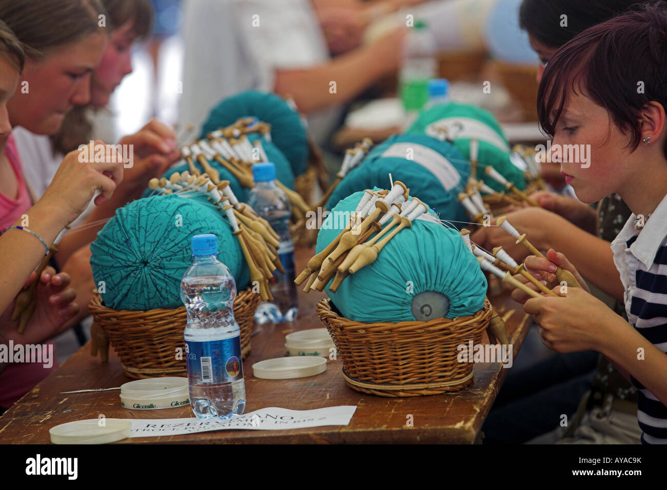 Making lace at the Lace Festival in Idrija, Slovenia. Stock Photo