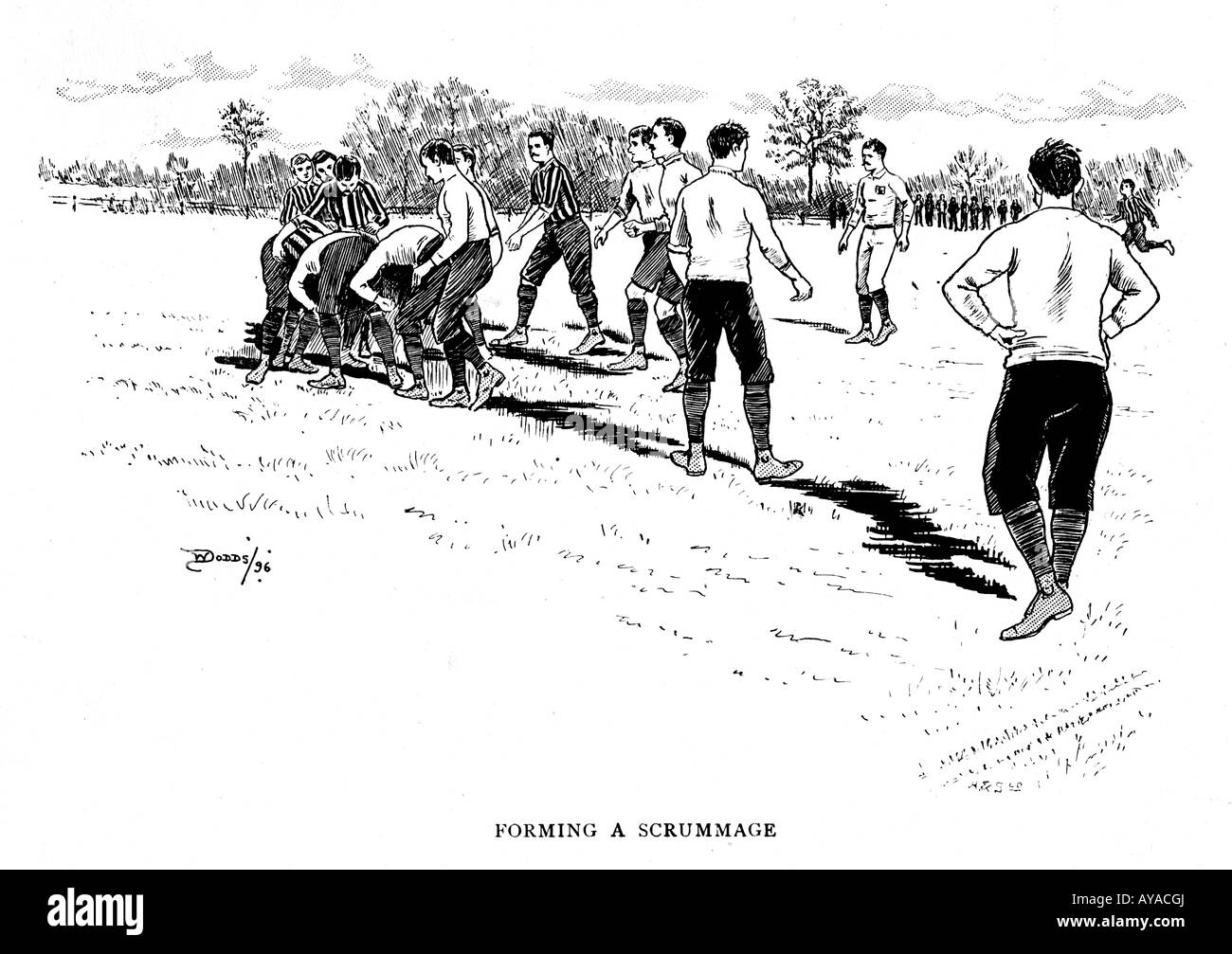 Forming A Scrummage 1896 illustration by Dodds of a game situation from the book by B Fletcher Robinson on rugby football Stock Photo