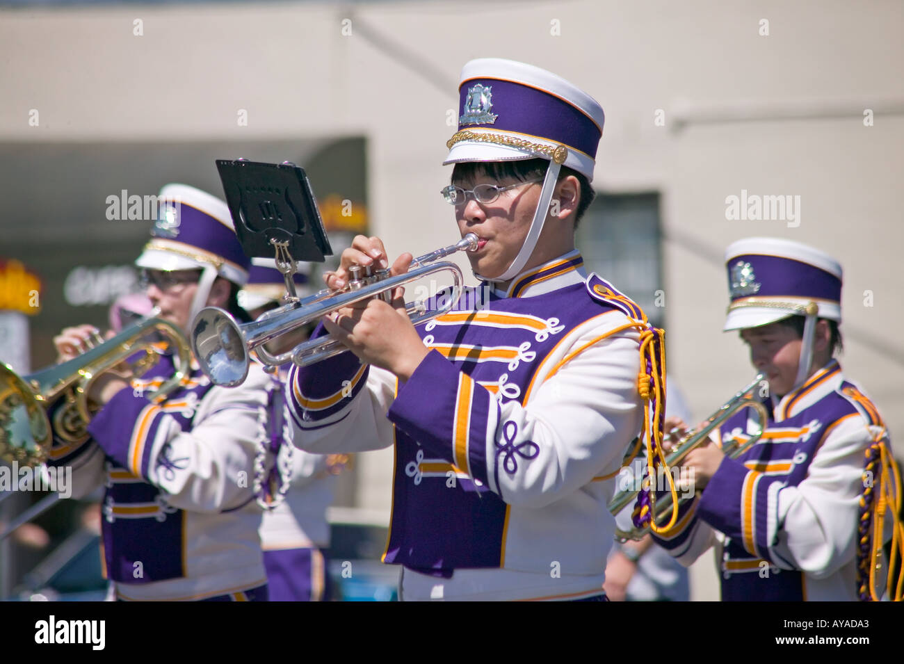 teenage boy playing trumpet in high school marching band Stock Photo Alamy