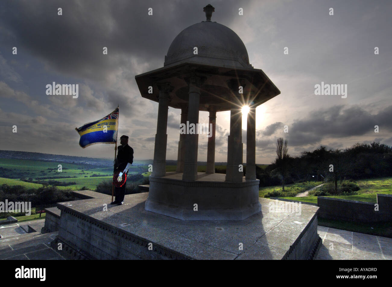 Bernard Copelin branch Standard bearer of the Patcham British Legion Brighton prepares for Remembrance Day Stock Photo
