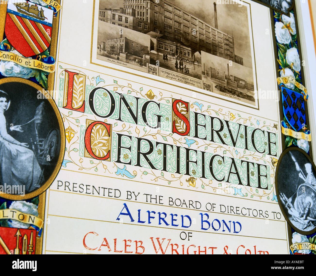A photo of a long service certificate awarded in 1929 to an employee for working 40 years for the same company. Stock Photo