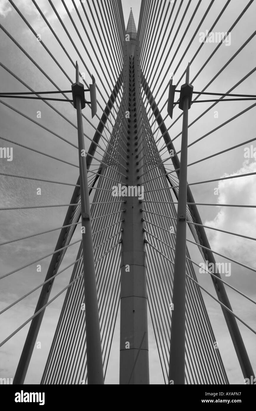 Malaysia Kuala Lumpur Converging cables and pylons of Putrajaya Bridge 8 in center of new administrative capital city of Stock Photo