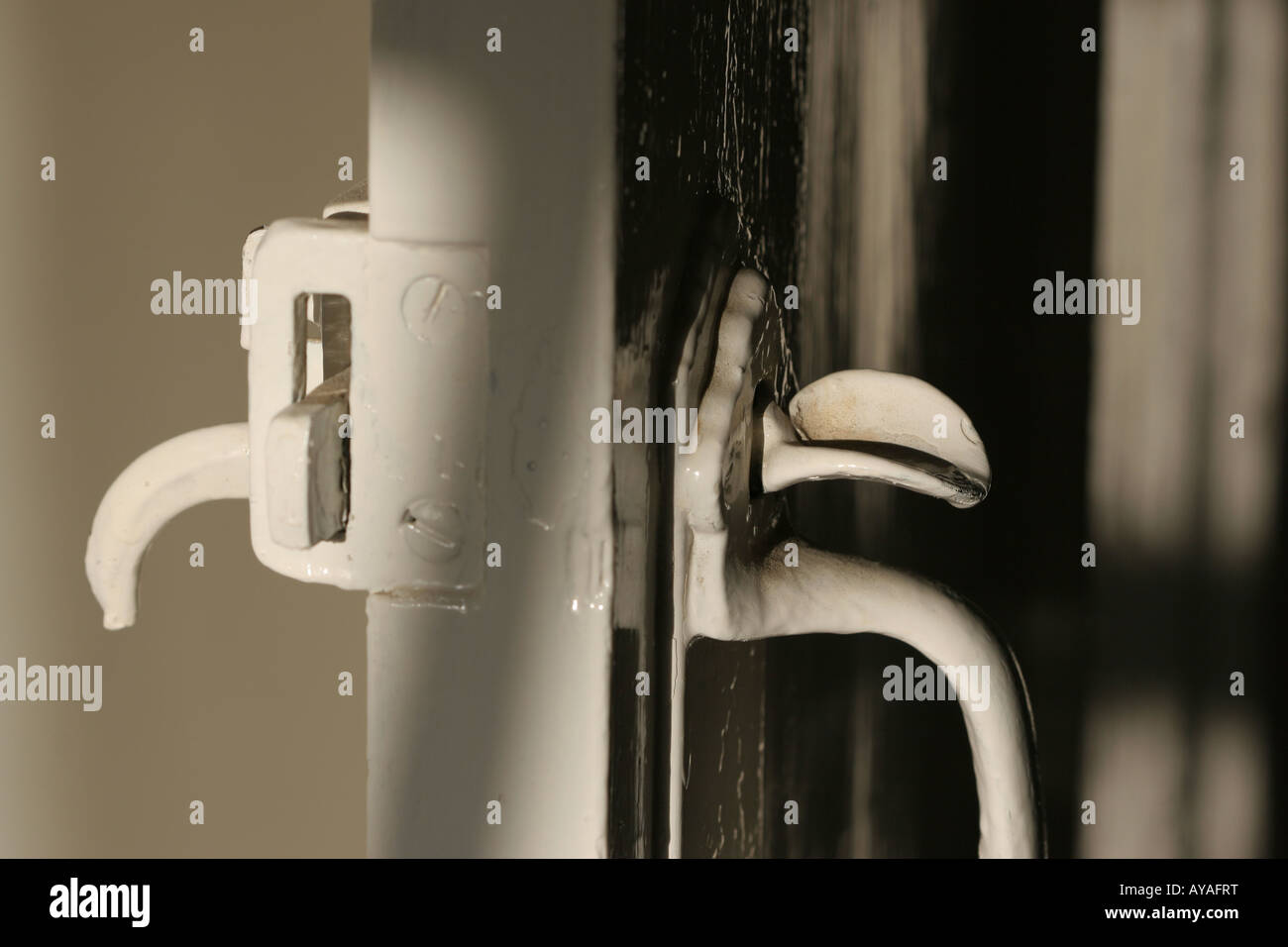 White painted door handle / latch with black and white background Stock Photo Alamy