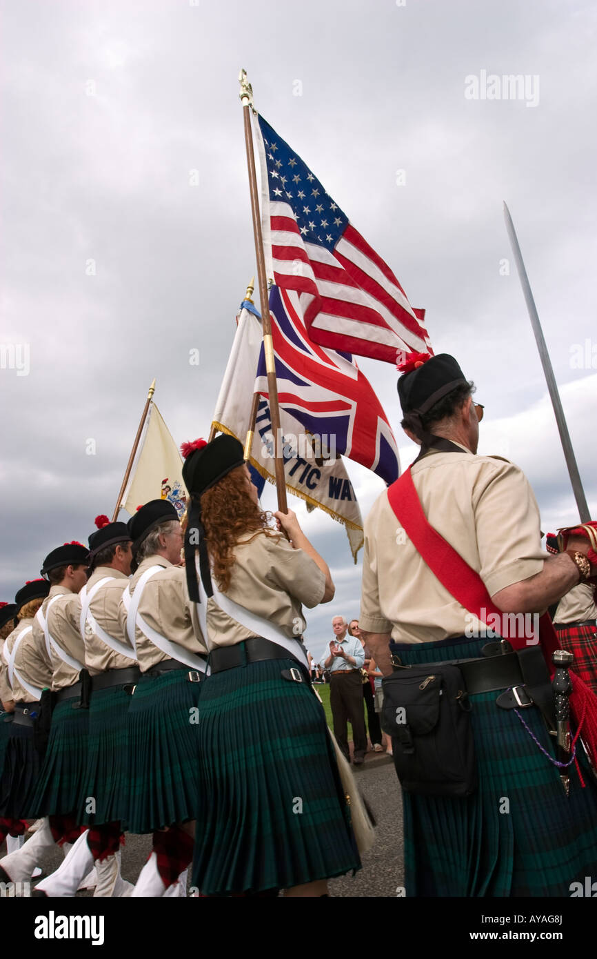 US marching band in kilts with Stars and Stripes Stock Photo