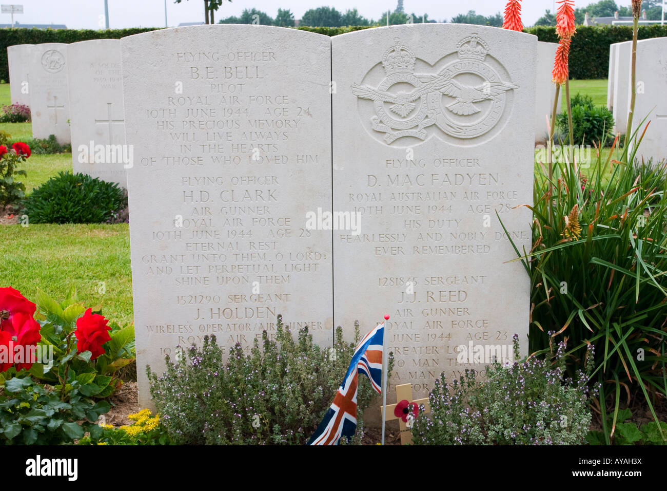 Mass grave of Allied aircrew at Bayeux Military Cemetery, Normandy France Stock Photo