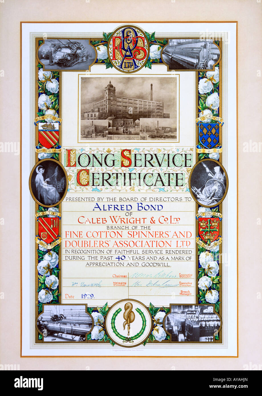 A photo of a long service certificate awarded in 1929 to an employee for working 40 years for the same cotton milling company Stock Photo