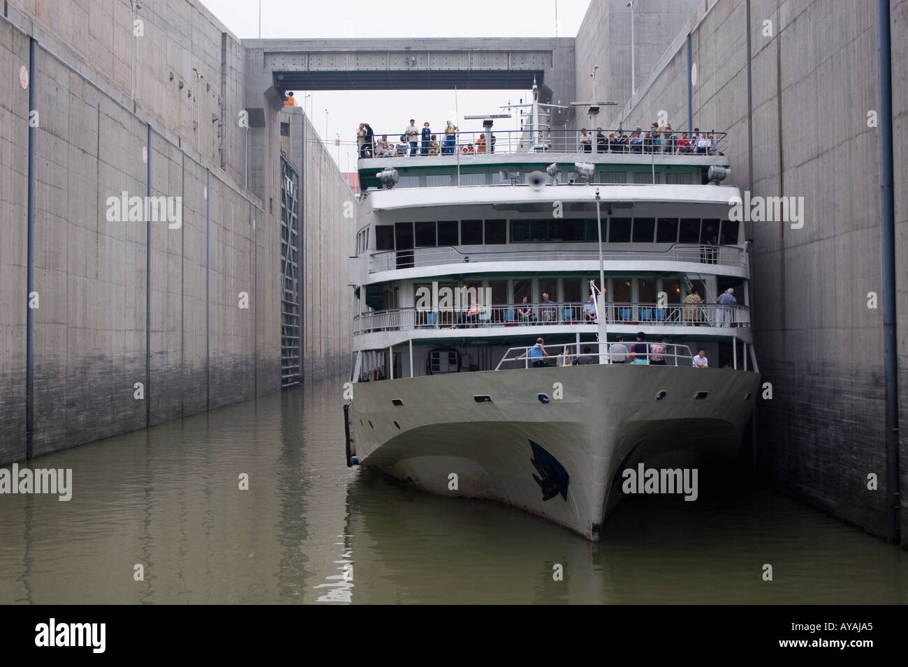 River cruise ship entering a ship lock on the Yangtze River in China