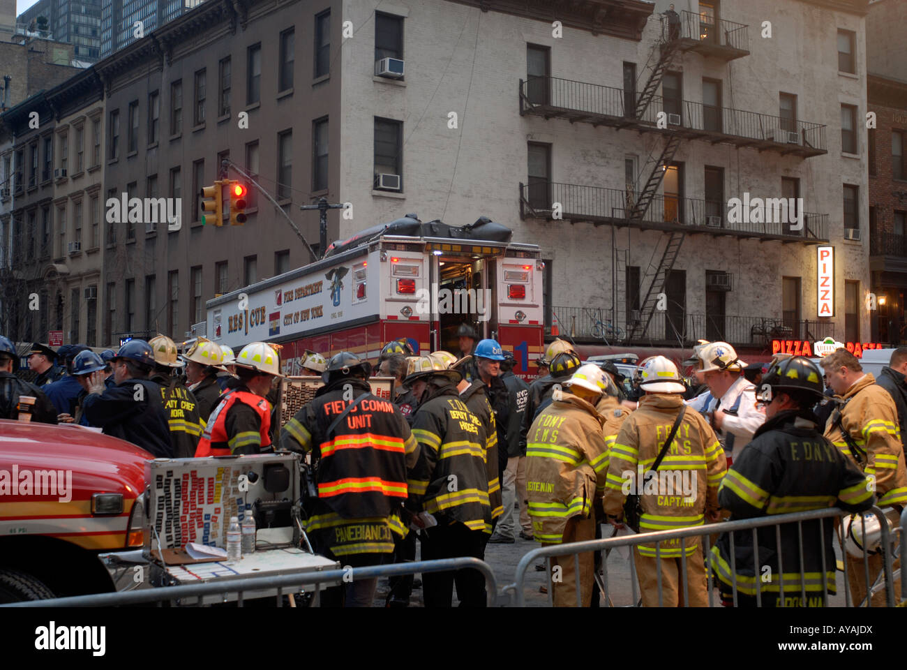 Emergency service personnel at a construction accident on East 51st St Stock Photo