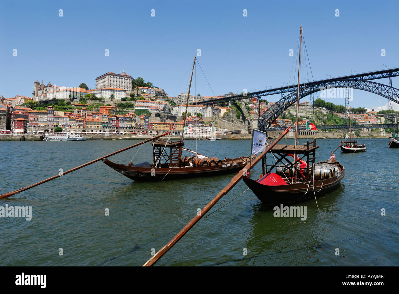 Porto Portugal Traditional wooden sailboats barcos rabelos moored on the Douro river Stock Photo