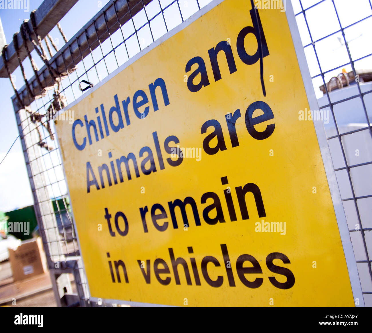 yellow waste and recycling sign at a local community site written in english clildren and animals to remain in vehicles Stock Photo
