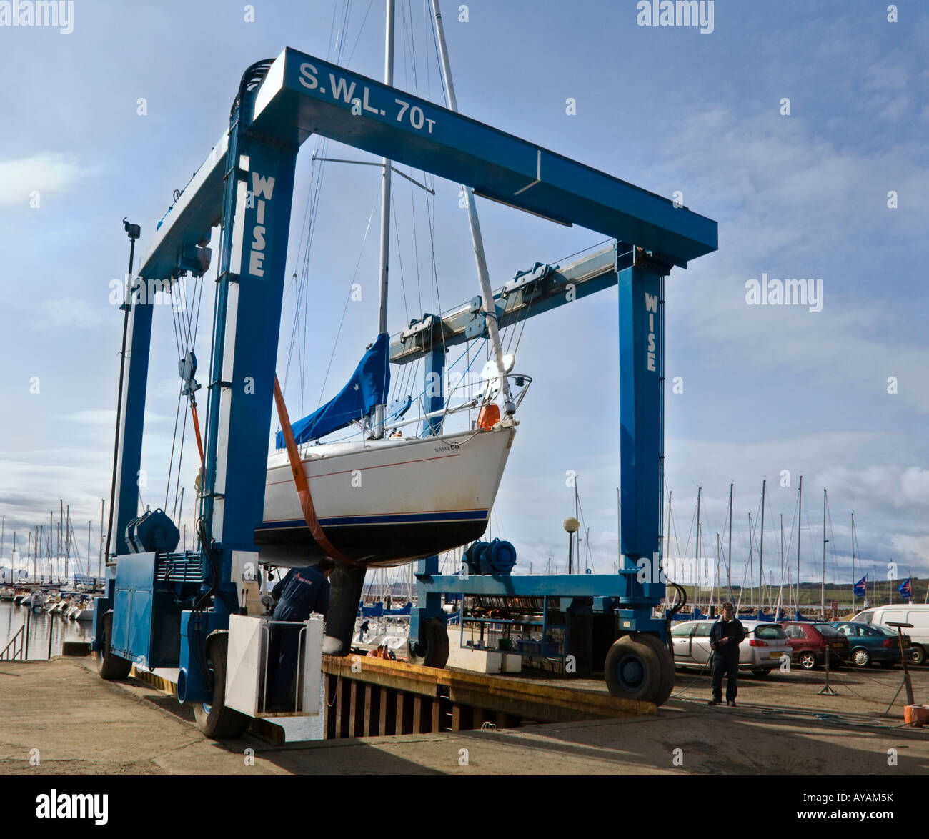 A yacht being lifted out of the water by a Wise 70 ton boat hoist at