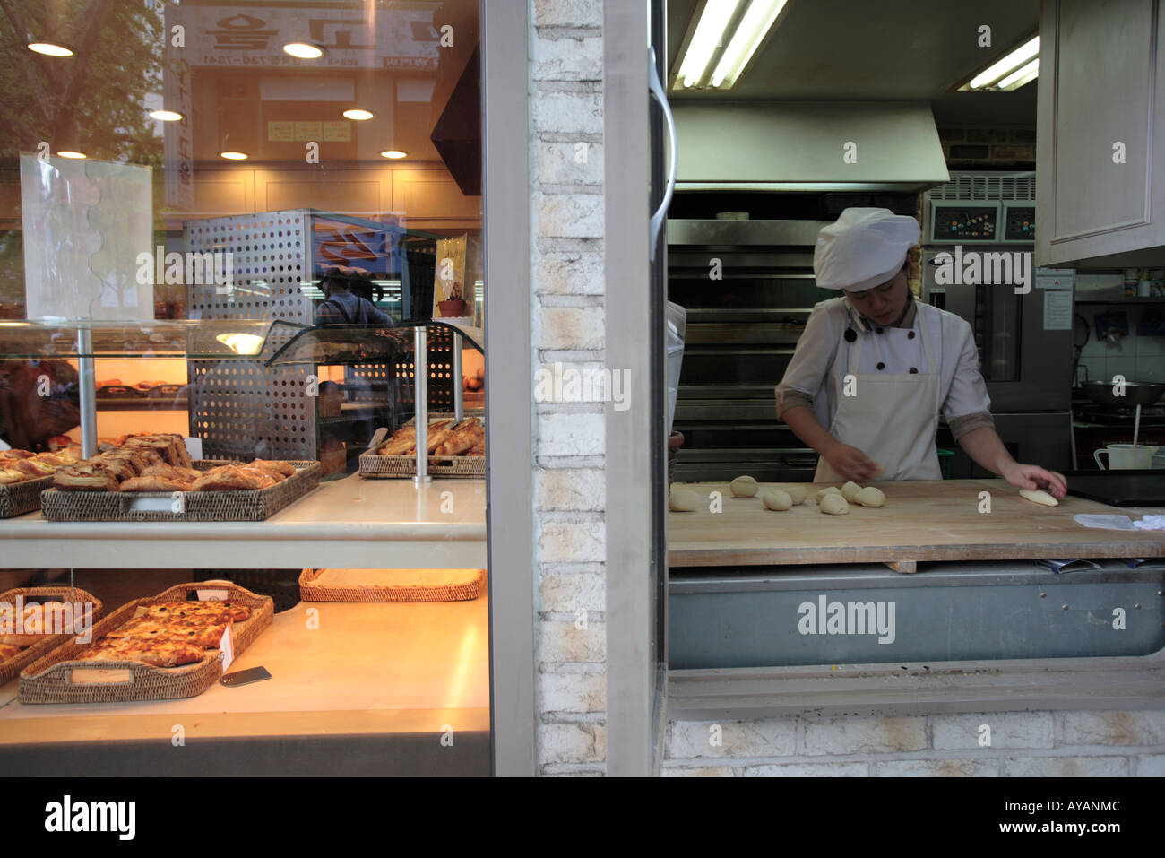 South Korea Seoul Fresh bread in window of Crown Bakery along Insadong