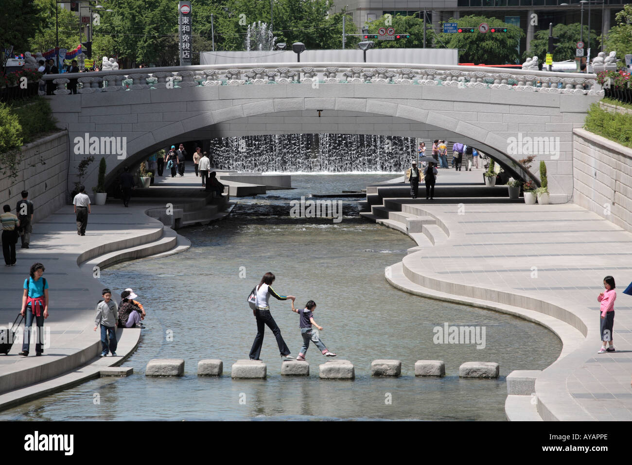 South Korea Seoul Concrete pedestrian walkway and bridges over Cheong