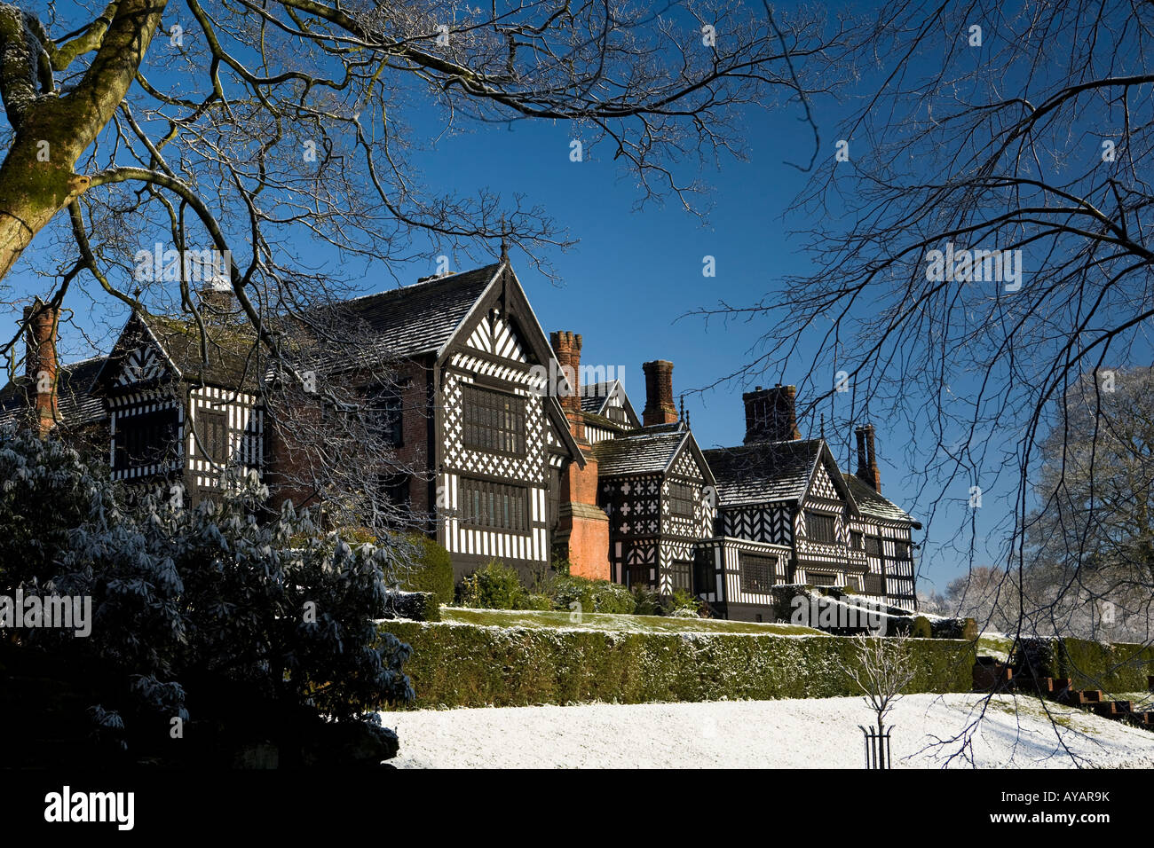 UK Cheshire Stockport Bramhall Park Bramall Hall in winter after fall of snow Stock Photo Alamy