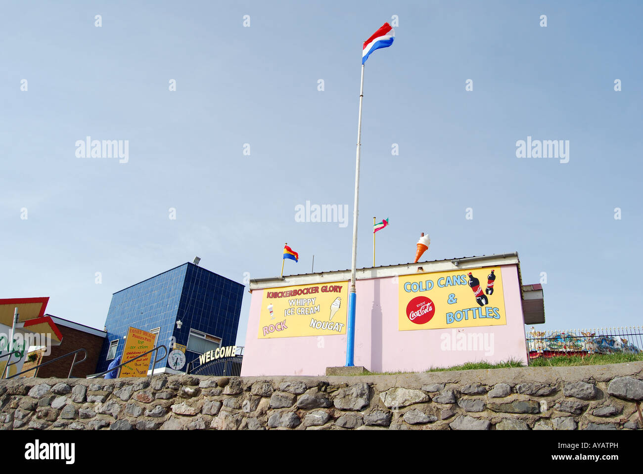 ice cream stall porthcawl as seen from a low angle down on the beach number 2666 Stock Photo