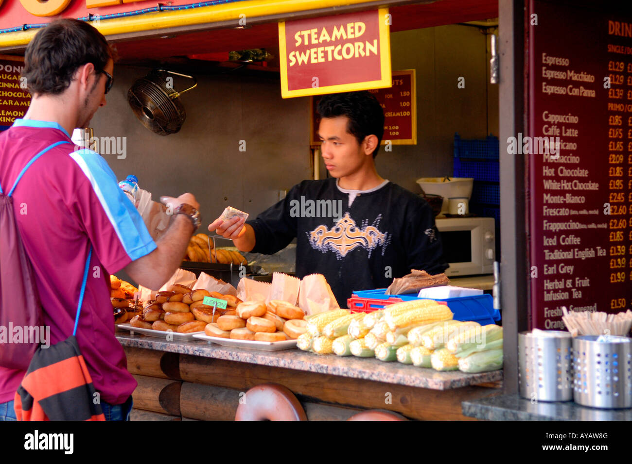 London Camden Lock Market fast food shop selling , coffee , tea