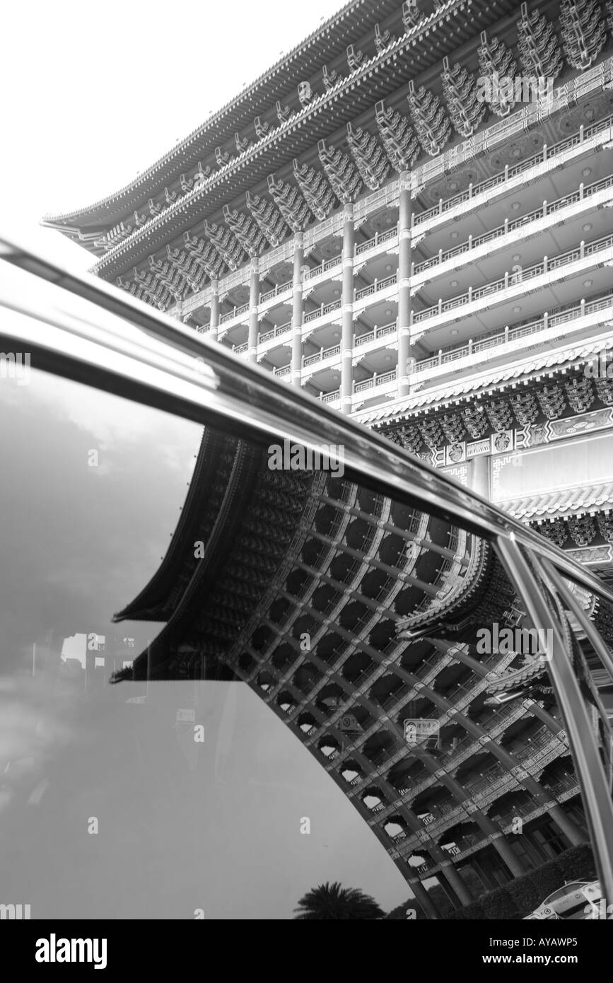 Taiwan Taipei Ornate entrance to Grand Hotel reflected in car window Stock Photo
