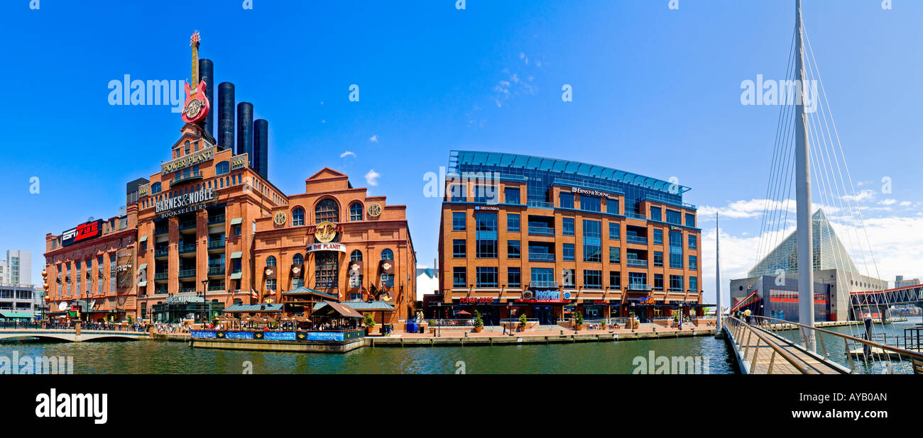 Waterfront buildings at Inner Harbor in Baltimore Maryland on a clear