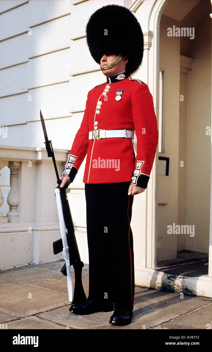 Guard at St James Palace London wearing Bearskin helmet Stock Photo Alamy