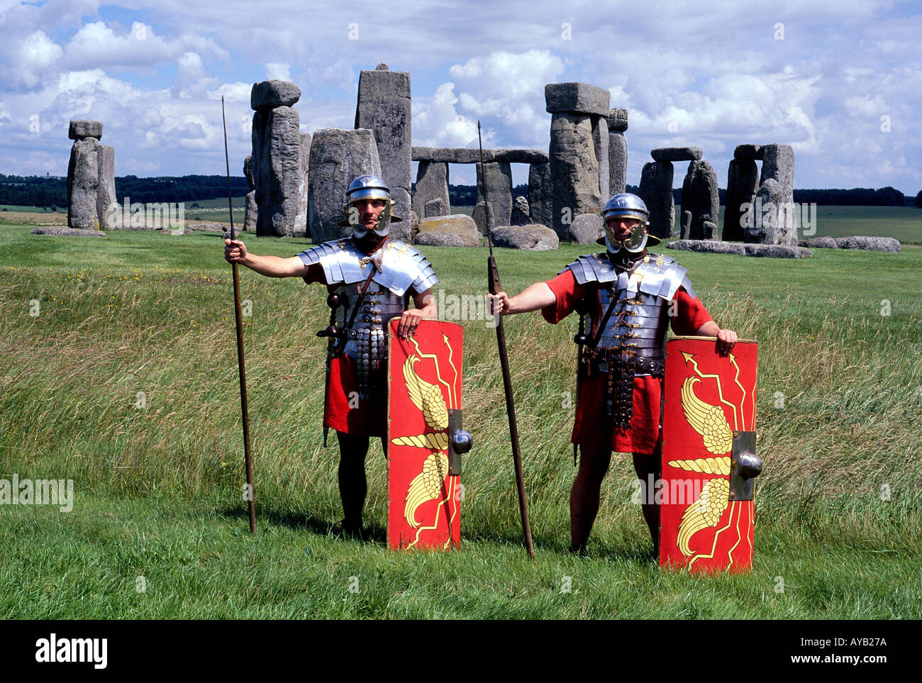 Ancient Monument of Stonehenge in Wiltshire England with warriors in Armour Stock Photo