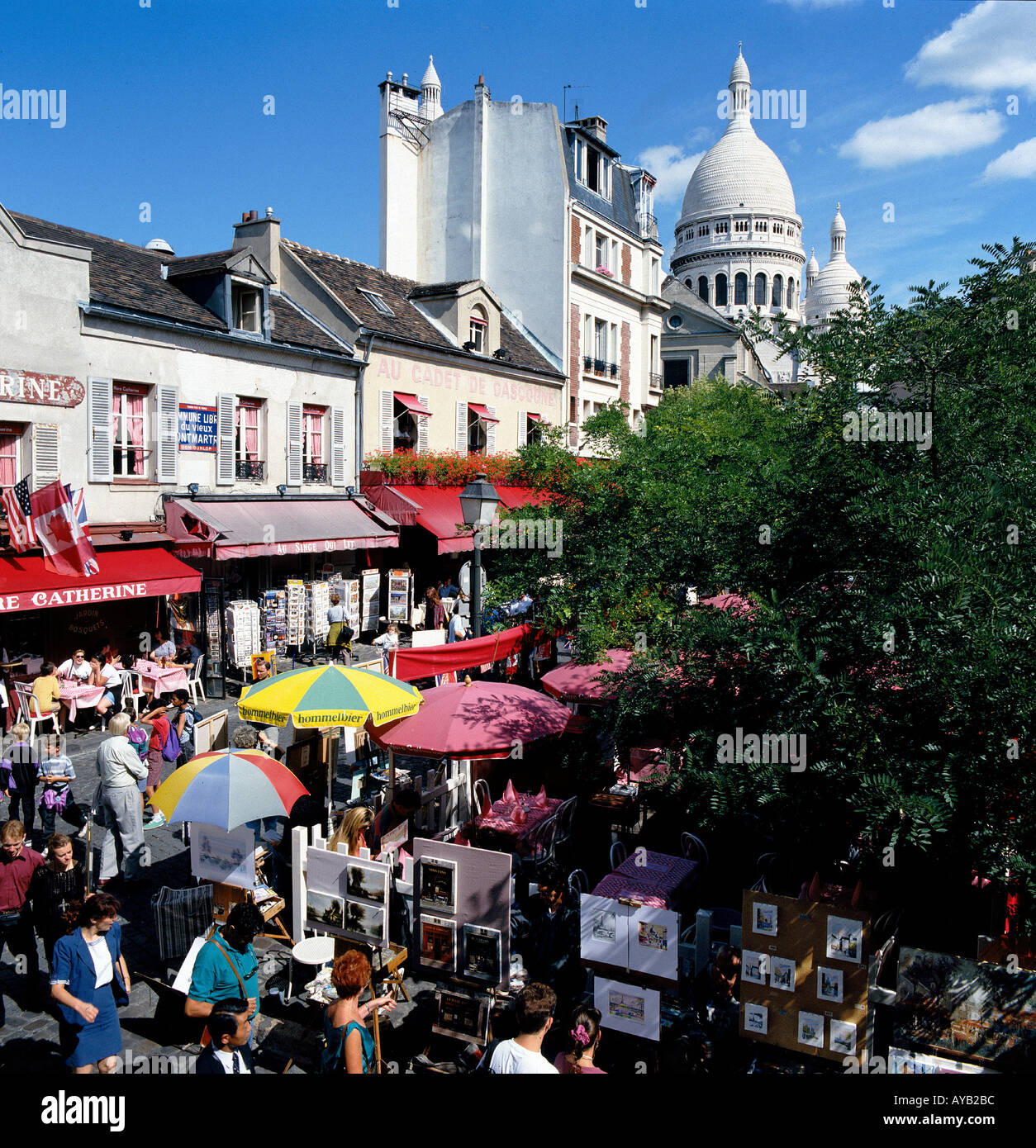 Montmartre the famous Artists Square in Paris,  surrounded by  cafes and restaurants. Stock Photo