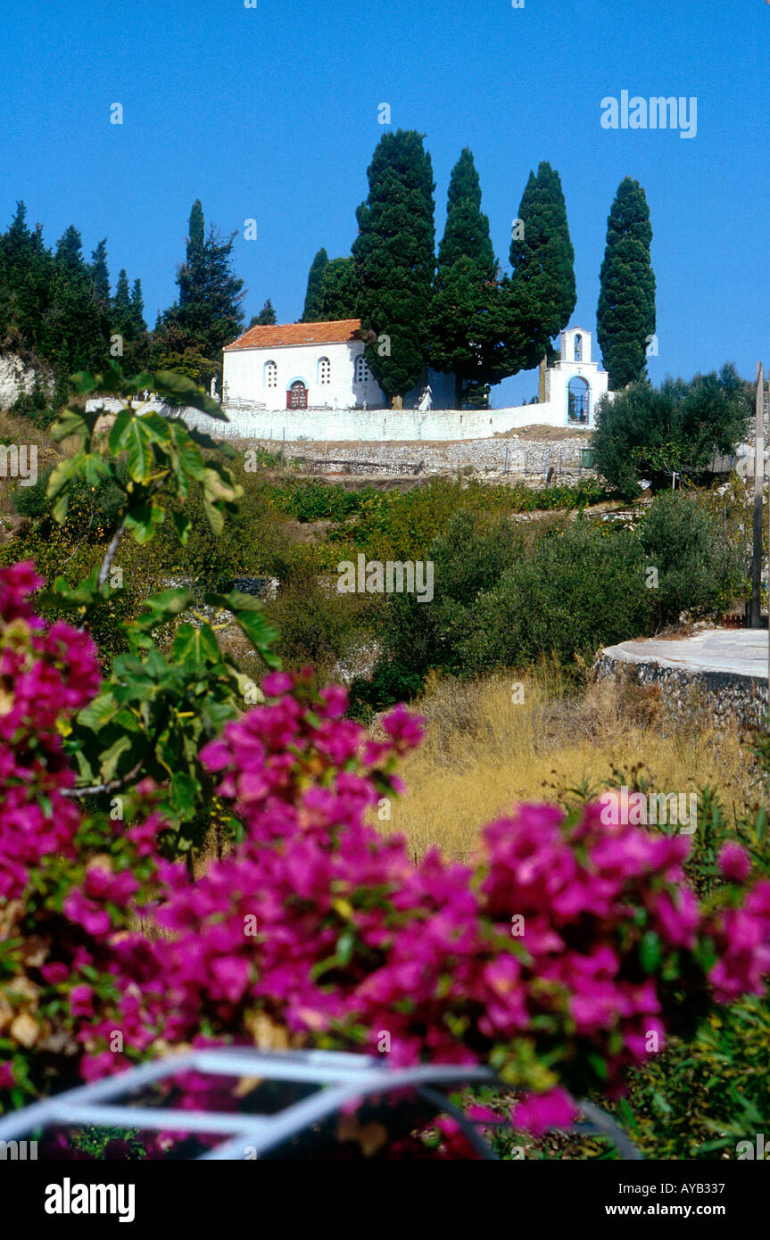 Church and cemetery on the hill in Exogi Ithaca Stock Photo
