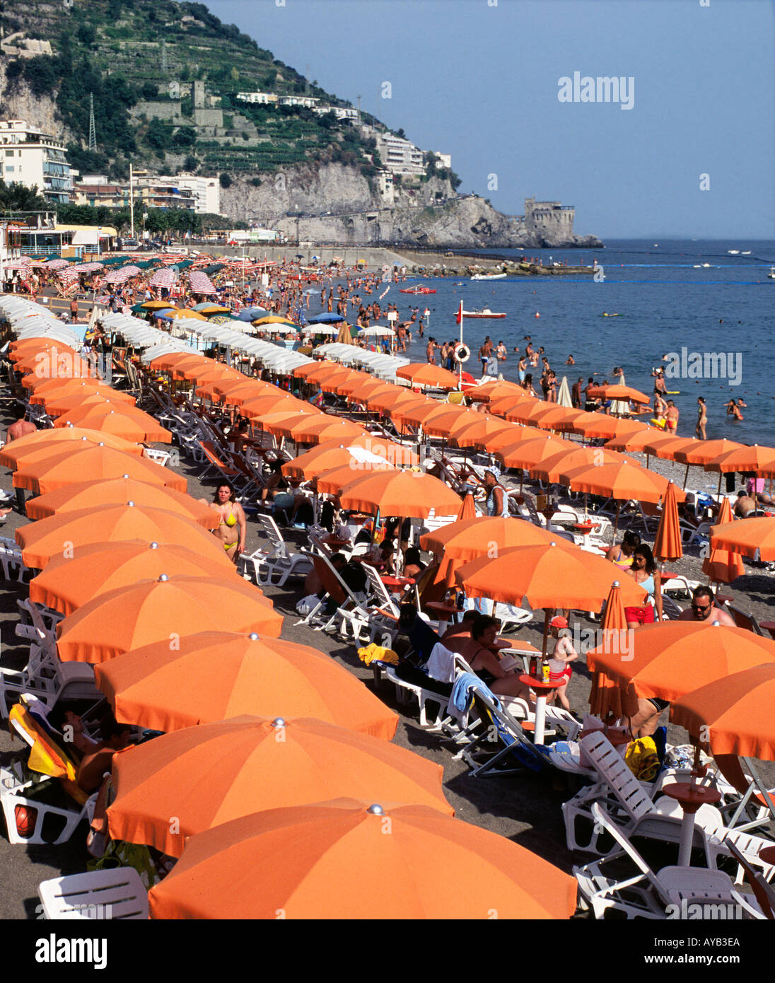 Typical lines of Umbrellas on Adriatic beaches in Italy Stock Photo