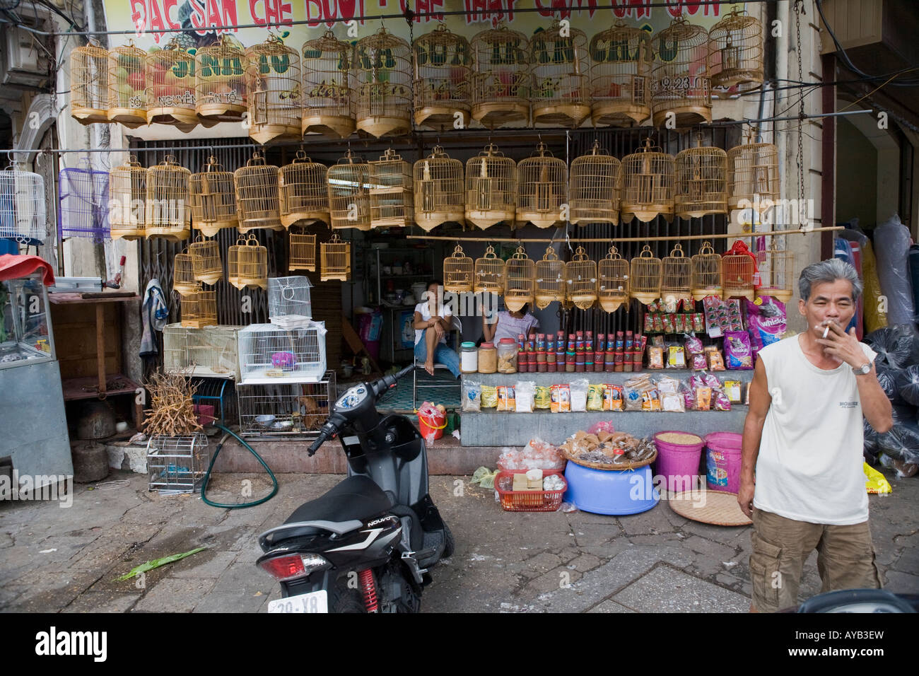 Man smoking in front of his bird cage shop in Hanoi Stock Photo Alamy