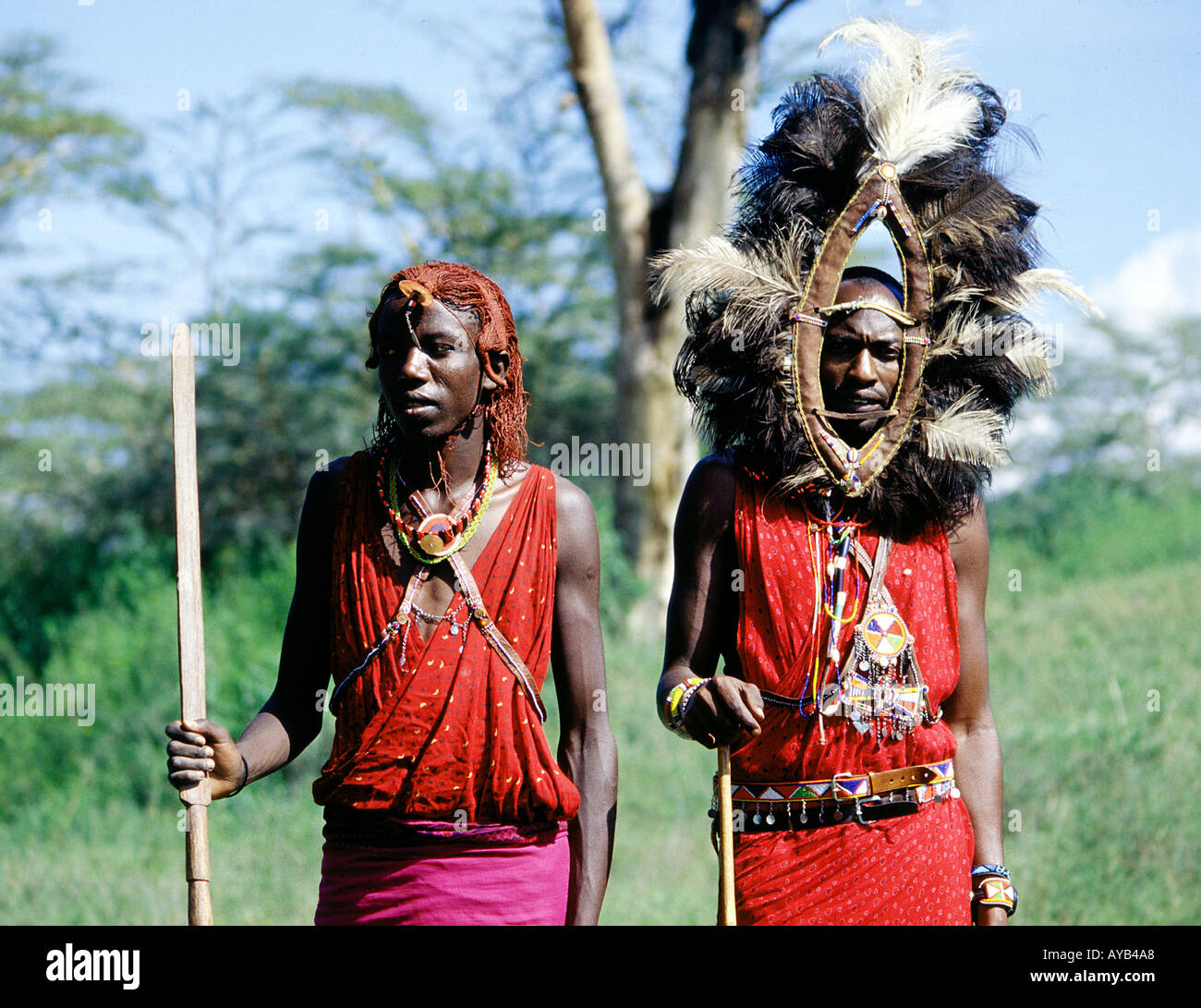 Masai Warrior and woman Africa kenya tribe mask Stock Photo